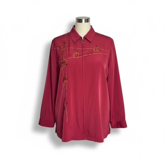 Blair Jackets & Blazers - Blair Boutique Red Floral Embroidered Zip Blouse Jacket | Size XL